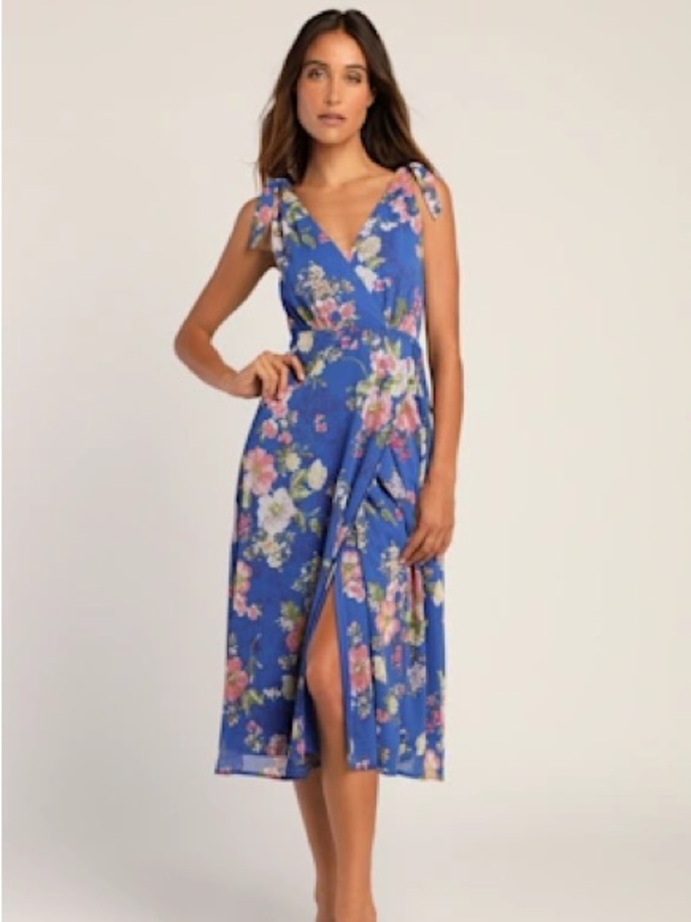 NWOT Lulus Sensational Season Blue Floral Print Tie-Strap Wrap Midi Dress Large